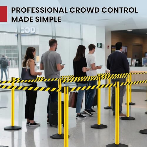 Crowd Control Warehouse 2-Pack Retractable Belt Stanchion Barriers, 11 Ft - color: Black/Yellow Belt, Yellow Post