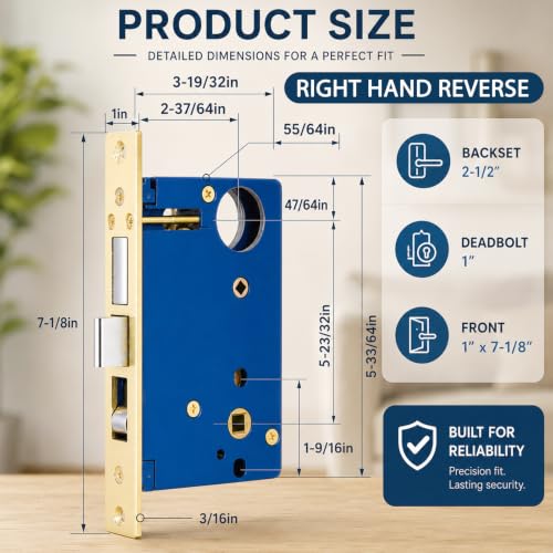 Tandefio 1 Set Double Cylinder Mortise Lock, Right Hand Reverse, Brass - color: Brass, style: Right Hand Reverse