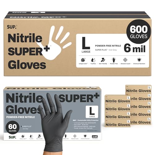 SUPER+ Black Nitrile Gloves HEAVY DUTY 6 Mil Disposable Chemical Resistant Powder & Latex Free Medical Food Safe, 60/600 Ct - color: Large (Black 600)