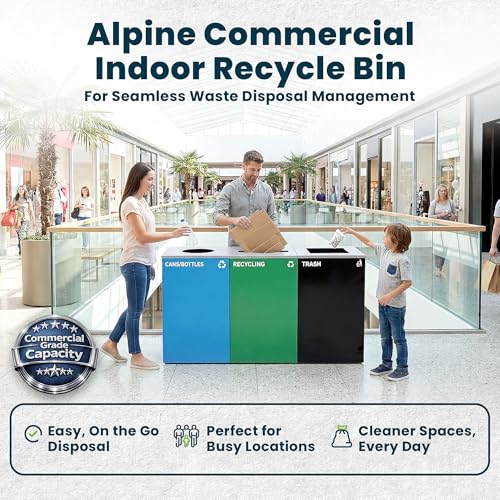 Alpine Commercial Indoor Recycle Bin - 29 Gallon Modern Looking Green Recycle Bin, Office Recycling Bins, Metal Trash and Recycling Container with Stickers & 3 Optional Lids (lid Sold Separately) - color: Green Can