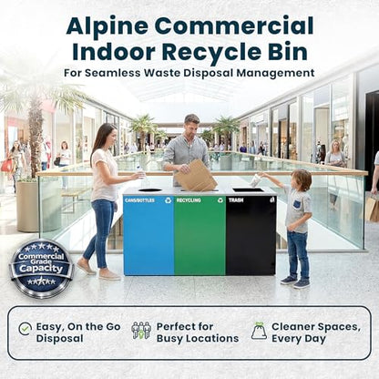 Alpine Commercial Indoor Recycle Bin - 29 Gallon Modern Looking Green Recycle Bin, Office Recycling Bins, Metal Trash and Recycling Container with Stickers & 3 Optional Lids (lid Sold Separately) - color: Green Can