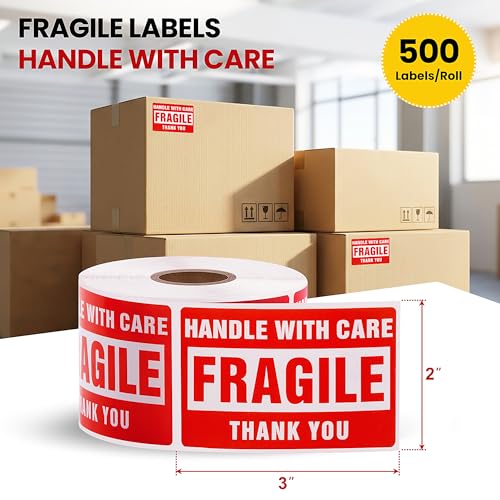 4 Rolls 3 × 2 Inch Fragile Stickers Strong Adhesive Handle with Care Stickers Pre-Perforated Line Fragile Labels for Shipping Moving (2000 Labels) - size: 3" × 2", style: 4 Rolls-2000 PCS
