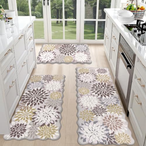 HEBE Anti Fatigue Kitchen Rugs Set of 3, Cushioned Kitchen Mats for Floor - color: Brown/Floral