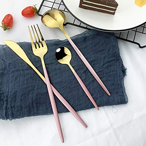 JASHII Flatware Serving Set 24 Piece, Stainless Steel Silverware Set, Pink Gold Cutlery Set, Modern Elegant Tableware Set for Party, Christmas, Dinner (Pink Gold) - color: Pink Gold