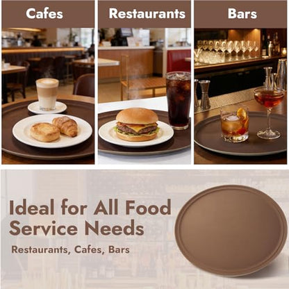 CURTA 2-Pack Restaurant Grade Non-Slip Tray, NSF, Oval 19-Inch x 23-Inch, Plastic Rubber Lined Round Serving Tray, Brown - color: Brown-oval, size: 23 Inch x 19 Inch x 1 Inch