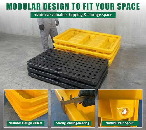 2 Drum Spill Containment Pallet Platform with Drain 18.5 Gallon Sump 51.2x27.2x5.9in 2645 lbs Load Capacity Forkliftable Low Profile Spill Pallet LDPE Containment Tray for Industrial Storage - size: 2 Drum
