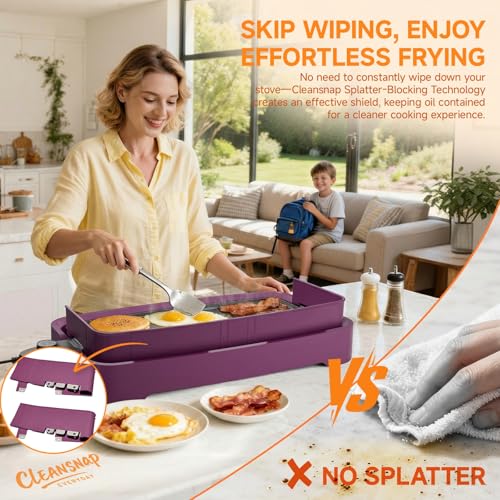 Cleansnap Everyday Electric Griddle, Great Gift for Family Feasts - 20” Nonstick Grill with Foldable Anti-Mess Shield, Rapid 1700W Heat & PPG Ceramic Coating, Dishwasher Safe, Twilight Purple - color: Twilight Purple