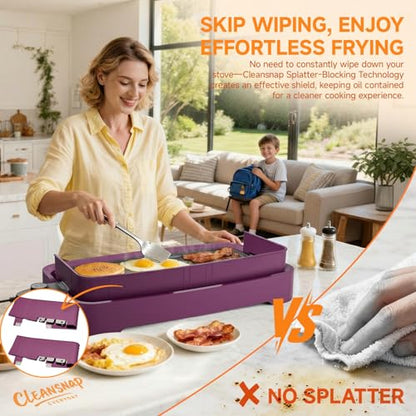 Cleansnap Everyday Electric Griddle, Great Gift for Family Feasts - 20” Nonstick Grill with Foldable Anti-Mess Shield, Rapid 1700W Heat & PPG Ceramic Coating, Dishwasher Safe, Twilight Purple - color: Twilight Purple