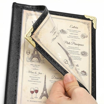 Nicunom 10 Pack Restaurant Menu Covers,4.25" x 11" Clear Menu Holds Double-Stitched Edge Menu Cover 1 Page 2 View Menu Sleeves for Wine Drinks Coffee Bars Restaurant