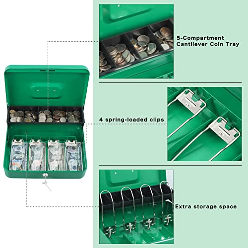xydled Cash Box with Key Lock, Metal Money Box, Safe Storage box, Green - color: Green Key Lock