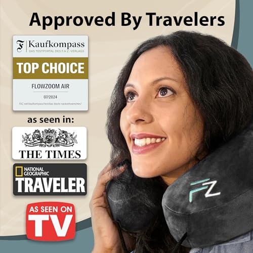FLOWZOOM Air Inflatable Neck Pillow for Traveling on Plane - H-Shape Hooded Airplane Pillow with 5 Snooze Modes, Fast Inflation, Pressure Control, Cozy Clip-On Hood & Plushy Cover - Size L, Jet Black - color: Jet Black