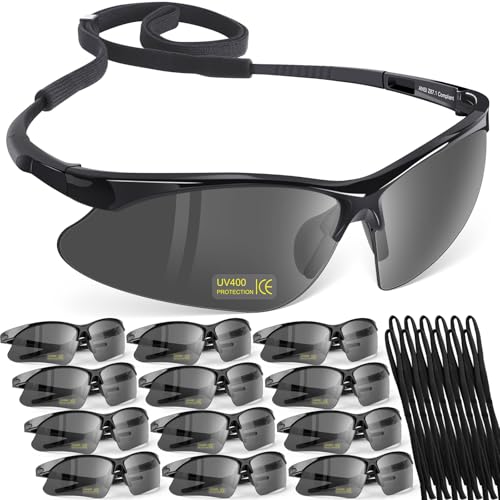 OXG 12 Pack Anti Fog Safety Glasses for Men, ANSI Z87.1 Protective Eyewear - color: Grey With Straps