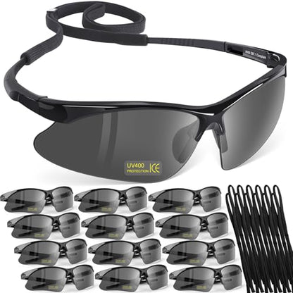 OXG 12 Pack Anti Fog Safety Glasses for Men, ANSI Z87.1 Protective Eyewear - color: Grey With Straps