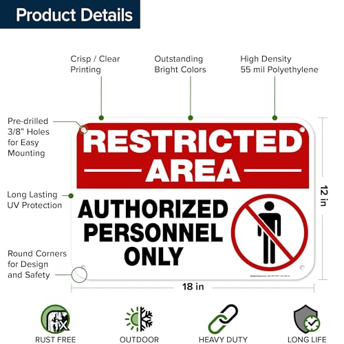 Restricted Area Authorized Personnel Only Sign, 12x18 Inches, 55 mil thick - size: 12x18 Polyethylene