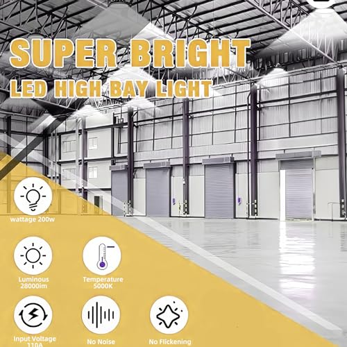 6 Pack UFO 200W LED High Bay Light,5000K,28,000LM, 5 ft Cable with US Plug UL Certified Plug, IP65 Commercial Warehouse Area Light for Wet Location Area, Workshop, Garage - size: 200W 6 Pack