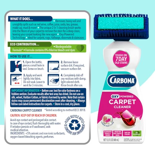 Carbona 2-in-1 Oxy-Powered Carpet Cleaner (13.5 Fl Oz), Spot Cleaner with Dual Sponge & Bristle Applicator for Targeted Cleaning, Fast Formula - size: 13.5 Fl Oz