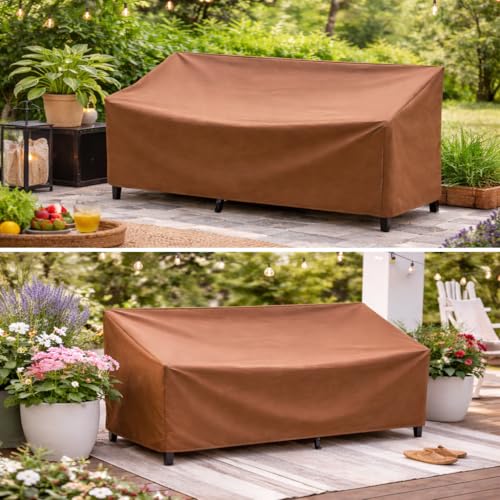 Outdoor Bench Cover, 2 Seater Patio Bench Cover, Waterproof Heavy Duty Patio Furniture Protector with Air Vents, Buckle Straps and Drawcord, 53 x 26 x 35 in, Brown