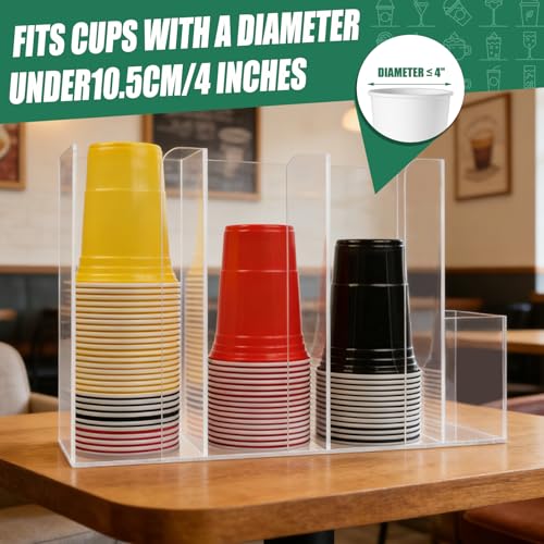 4 Compartments Acrylic Cup and Lid Holder, Clear Disposable Coffee Cup Holder Organizer,Cup Dispenser for Kitchen Bar Shop Party Supplies
