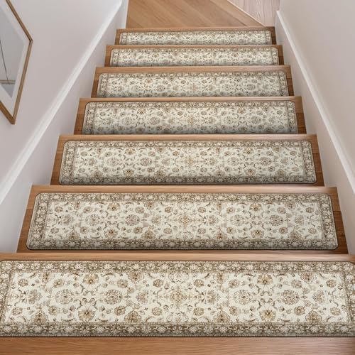 OJIA Vintage Stair Treads Non-Slip Stair Runners for Wooden Steps 15PCS - color: Beige, size: 30" x 8"