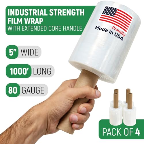 5" x 1000' Industrial Strength Stretch Wrap with Extended Handle, Pack of 4 - size: Pack of 4