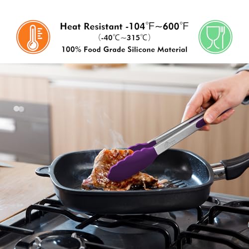 HOTEC Stainless Steel Kitchen Tongs with Silicone Tips, Set of 2-9" and 12" - color: Purple:12+9inch