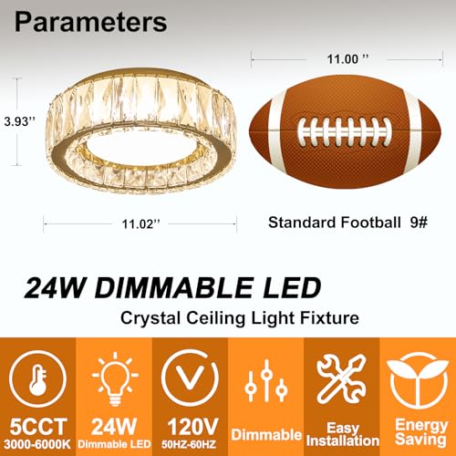 11 Inch Dimmable Luxury Crystal LED Flush Mount Ceiling Light - color: Gold, size: 11 Inch