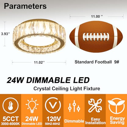 11 Inch Dimmable Luxury Crystal LED Flush Mount Ceiling Light - color: Gold, size: 11 Inch