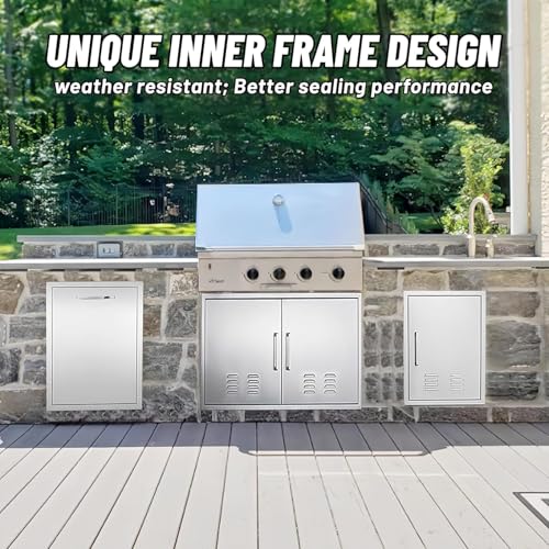 Outdoor Kitchen Doors, 30x21 Inch 304 Stainless Steel BBQ Access Door with Vent, Double Steel Doors for Outdoor Grill Island - size: 30W x 21H
