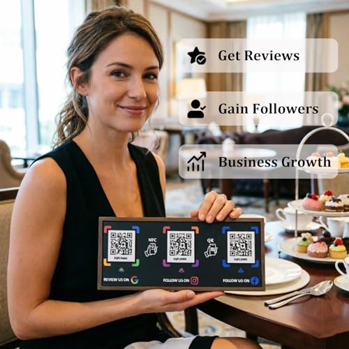 Walnut NFC Business Sign with 3 QR Codes – Tap & Scan to Connect, Compatible with Google Review, Instagram, Facebook Follow, No App, No Monthly Fee, Editable Links, Desk Display for Small Business