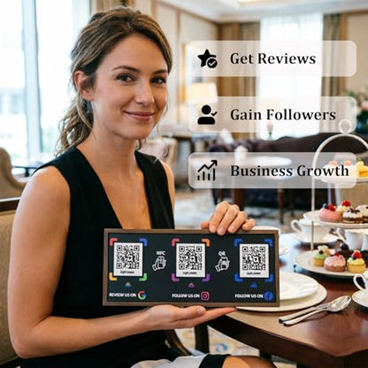 Walnut NFC Business Sign with 3 QR Codes – Tap & Scan to Connect, Compatible with Google Review, Instagram, Facebook Follow, No App, No Monthly Fee, Editable Links, Desk Display for Small Business
