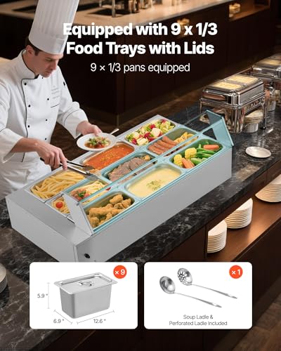 VEVOR Commercial Food Warmer, 1500W Electric Stainless Steel Steam Food Warmer with Glass Cover, 9-Pan Countertop Buffet Bain Marie with Soup & Perforated Ladles, for Catering, Restaurant & Party - size: 9x1/3Pan;72QT