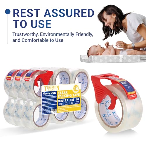 Heavy Duty Clear Packing Tape with Dispenser Combo for Shipping, Moving & Storage,Thicker Clear Packing Tape, 1.88 inches Wide, 60 Yards Per Roll, 18 Pack 1080 Total Yards - size: 18-Pack