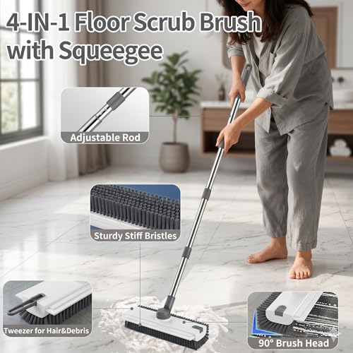 3 in 1 Floor Scrub Brush,Floor Scrubber with Squeegee and Tweezer, Push Broom with Long Handle,Heavy-Duty Stiff 90° Bristle Broom for Patio,Shower, Garage,Deck,Tile, Concrete & Wood Surface (White) - color: White