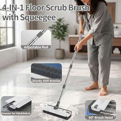3 in 1 Floor Scrub Brush,Floor Scrubber with Squeegee and Tweezer, Push Broom with Long Handle,Heavy-Duty Stiff 90° Bristle Broom for Patio,Shower, Garage,Deck,Tile, Concrete & Wood Surface (White) - color: White