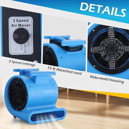 Commercial 1 HP Air Mover Fan for Water Damage Restoration,4000 CFM Industrial Carpet Dryer, Blower Fans,3-Speed Floor Fan with Daisy Chain - size: 1hp