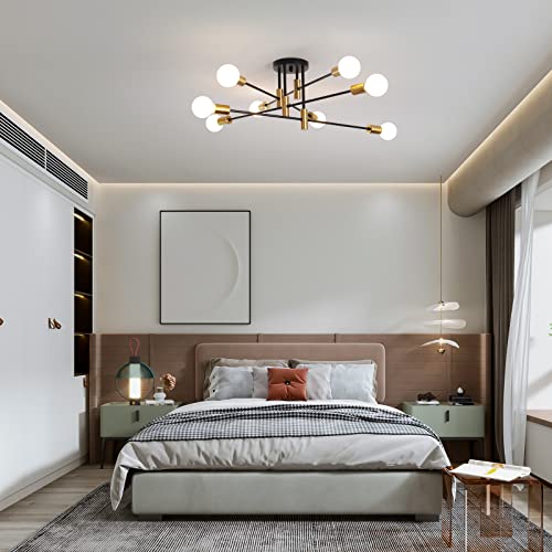 Garwarm 8-Light Black and Gold Sputnik Ceiling Light,Mid Century Semi Flush Mount Sputnik Chandelier Industrial Ceiling Lamp for Kitchen Dining Room Bedroom Foyer Entryway Hallway - color: 8-Lights,Black and Gold-2