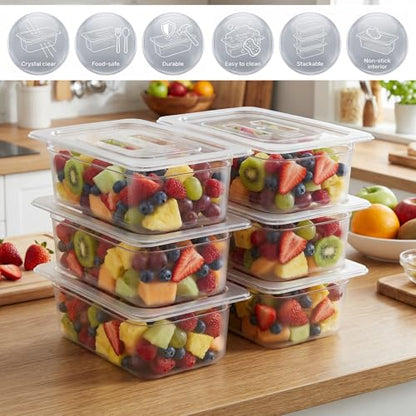 6 Pack 1/3 Size Plastic Clear Food Pans with Lids, 4 Inch Deep Stackable Commercial Food Storage Containers for Kitchen, Restaurant, Cafeteria Foods Prep, 3.77qt/ 3.57L