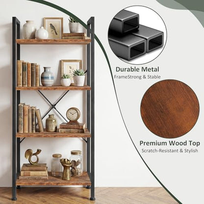 4 Tier Bookshelf, Free Standing Bookcase with Open Storage Shelves - color: Rustic Brown, size: 4 Tier