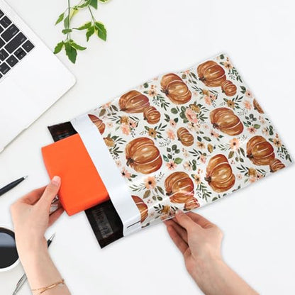 JarThenaAMCS 100Pcs Fall Poly Mailers 10 x 13 Inch Watercolor Floral Pumpkin Packaging Bags Autumn Self Seal Mailing Envelope Bags for Thanksgiving Harvest Small Business Clothing