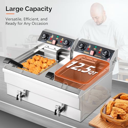 ROVSUN 24.9QT Electric Deep Fryer with Baskets, Timer Drains & Lids, 3400W Commercial Deep Fryer, Dual Tank Kitchen Countertop Frying Machine, Adjustable Temperature for Home Restaurant - size: Double Fryer with Timer & Drain-24.9QT