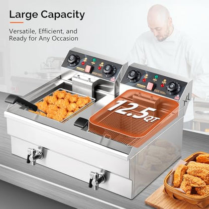 ROVSUN 24.9QT Electric Deep Fryer with Baskets, Timer Drains & Lids, 3400W Commercial Deep Fryer, Dual Tank Kitchen Countertop Frying Machine, Adjustable Temperature for Home Restaurant - size: Double Fryer with Timer & Drain-24.9QT