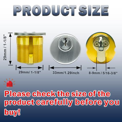 Brass Mortise Door Cylinder Locks Keyed Alike with 4 SC Keyway Keys, Commercial Door Replacement Lock - size: 1 1/8 inch