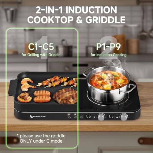 AMZCHEF Double Induction Cooktop with Removable Griddle Pan Non-stick,Black - color: Black