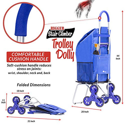 dbest products Stair Climber Bigger Trolley Dolly, Blue Shopping Grocery Foldable Cart Condo Apartment - color: Blue