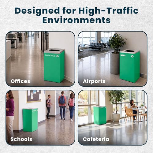 Alpine Commercial Indoor Recycle Bin - 29 Gallon Modern Looking Green Recycle Bin, Office Recycling Bins, Metal Trash and Recycling Container with Stickers & 3 Optional Lids (lid Sold Separately) - color: Green Can