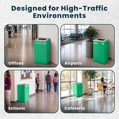 Alpine Commercial Indoor Recycle Bin - 29 Gallon Modern Looking Green Recycle Bin, Office Recycling Bins, Metal Trash and Recycling Container with Stickers & 3 Optional Lids (lid Sold Separately) - color: Green Can