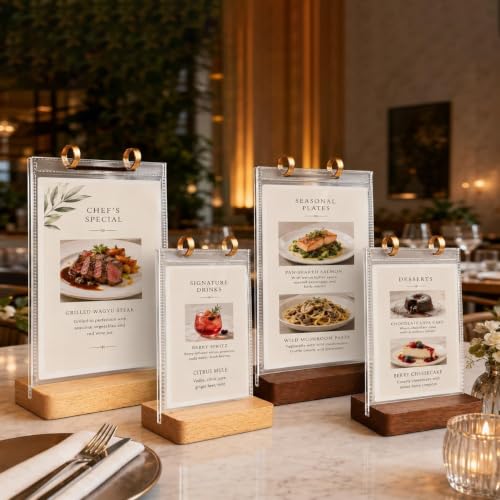 2Pcs Flip Menu Holder, with 6 Pages Sleeve, Removable Pages, 5.5" X 8.5" Table Sign Display Stand, with Wooden Base, Rotating Poster Rack, for Photo, Restaurant, Job Fair - size: Beechwood Color-5.5X8.5"-2pcs