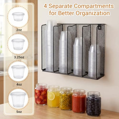 Thenshop 2 Pack Wall Mount Sauce Cup and Lid Holder - 4 Compartment Black Iron Dispenser Fits 2 to 5.5 oz Cups, Space Saving Organizer for Coffee Bar, Restaurant & Kitchen Counter, 13 x 10 x 3.26