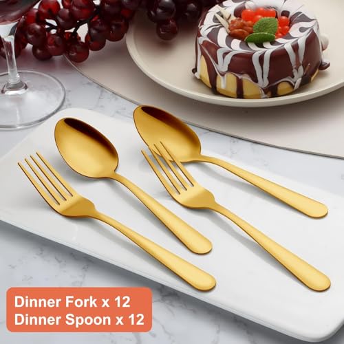 Unokit 24-Piece Spoons and Forks Set Silverware Set - Forks and Spoons Stainless Steel Silverware for Home, Kitchen and Restaurant, 12-Fork and 12-Spoon, Mirror Polished & Dishwasher Safe, Gold - size: gold forks and spoons 24 piece