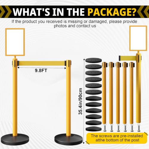 6-Pack Yellow Stainless Steel Crowd Control Stanchions, 9.8 ft Retractable Yellow Stripe Safety Belts with 1 Sign Holder(Yellow Belt) - color: Yellow stanchions w Yellow Belt, size: 6 pcs